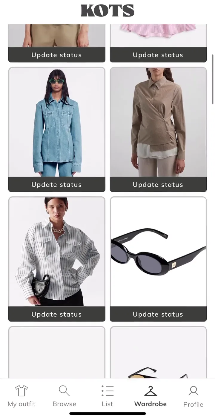 KOTS wardrobe preview showing saved clothes and their availability.