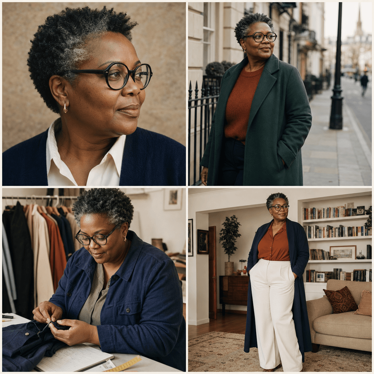 Four-view identity board for KOTS stylist Nia Okafor